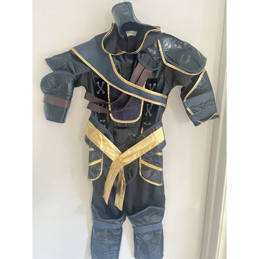 Kids Ninja Warrior Costume Black Gold Armor Hood Mask Halloween Child 4-6